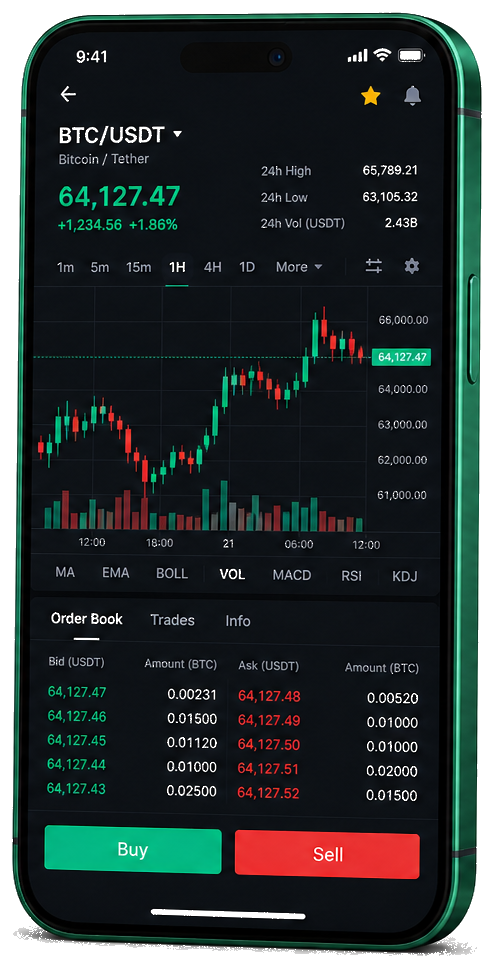 Resgatura plataforma móvil de trading — gráficos en vivo BTC/USDT, libro de órdenes e interfaz para comprar/vender